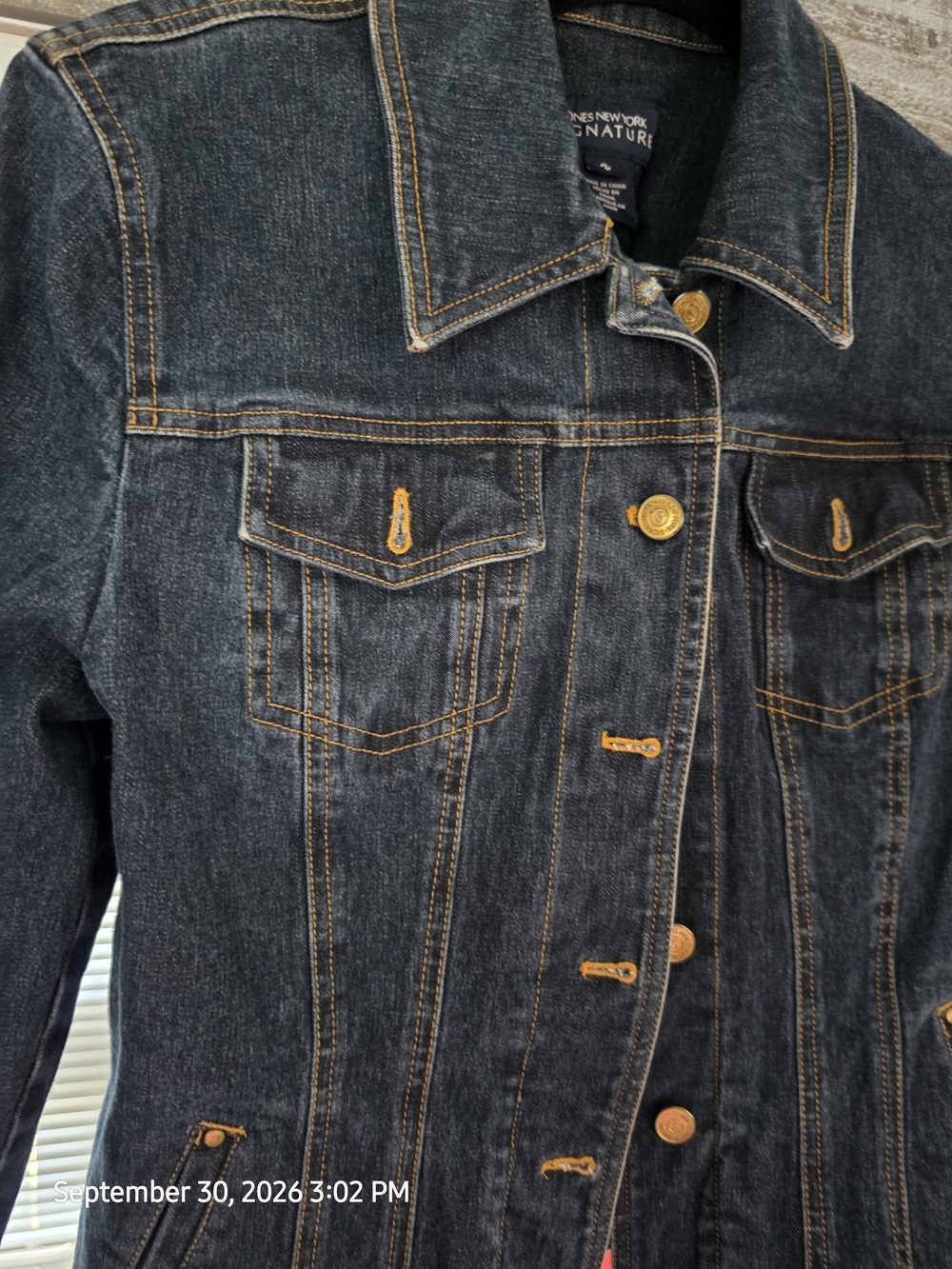 Jones New York Indigo Denim Jacket with Contrast Gold Stitching